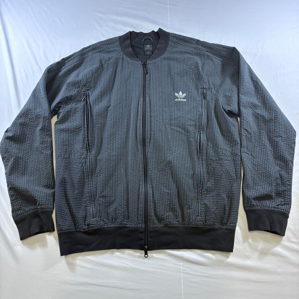 Adidas Originals Seersucker Bomber Jacket Mens 2XL Black Grey Zip Track CV8958